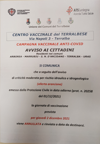 Annullamento giornata vaccinale prevista per il giorno giovedì 2 dicembre 2021.
