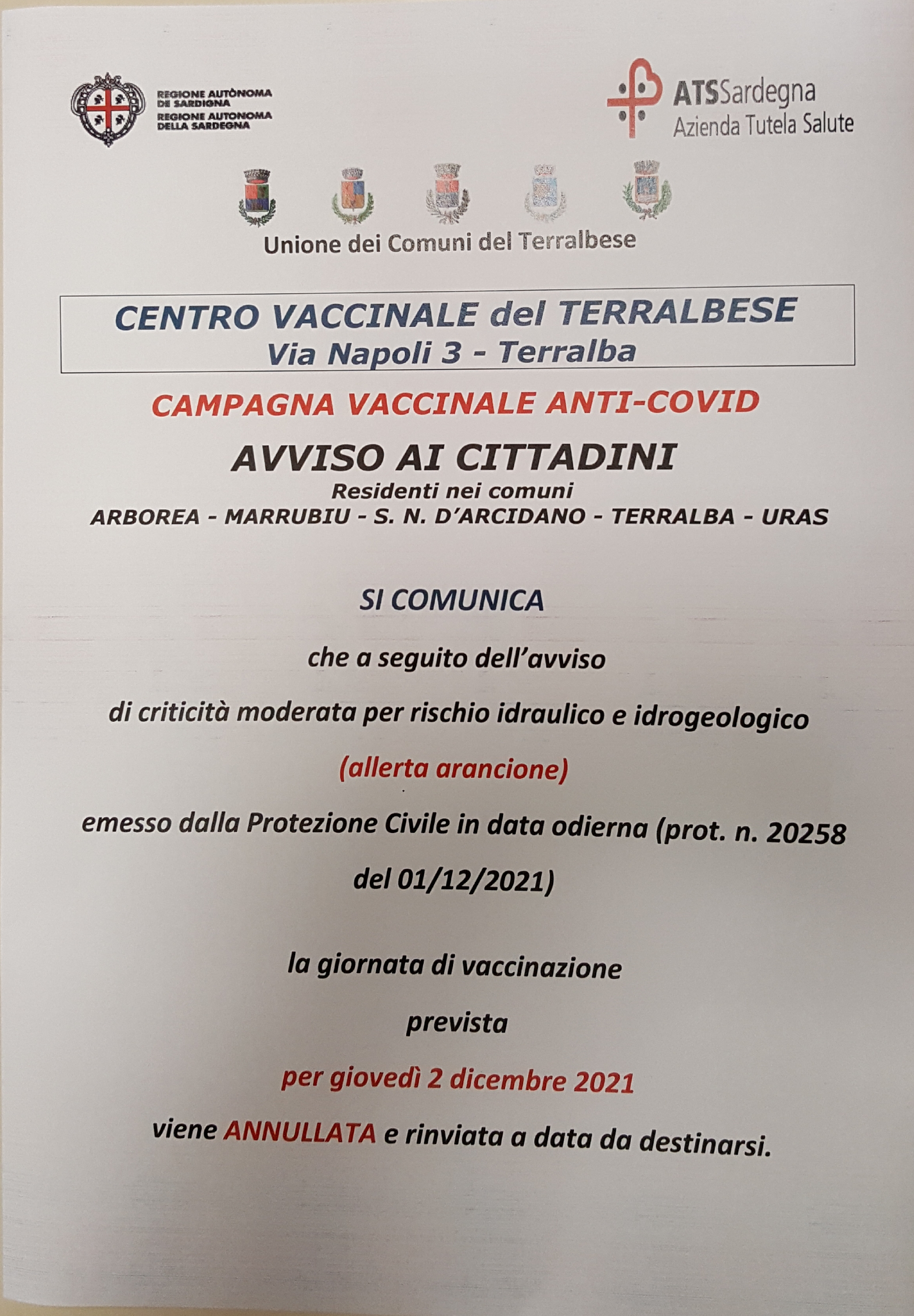 Annullamento giornata vaccinale prevista per il giorno giovedì 2 dicembre 2021.