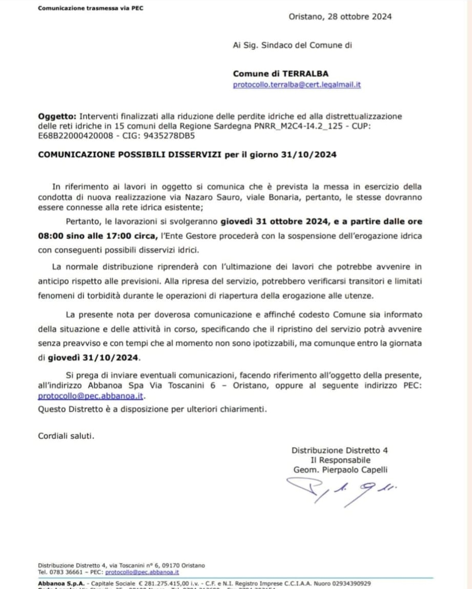 Abbanoa: Possibili disservizi nella giornata del 31/10/2024 