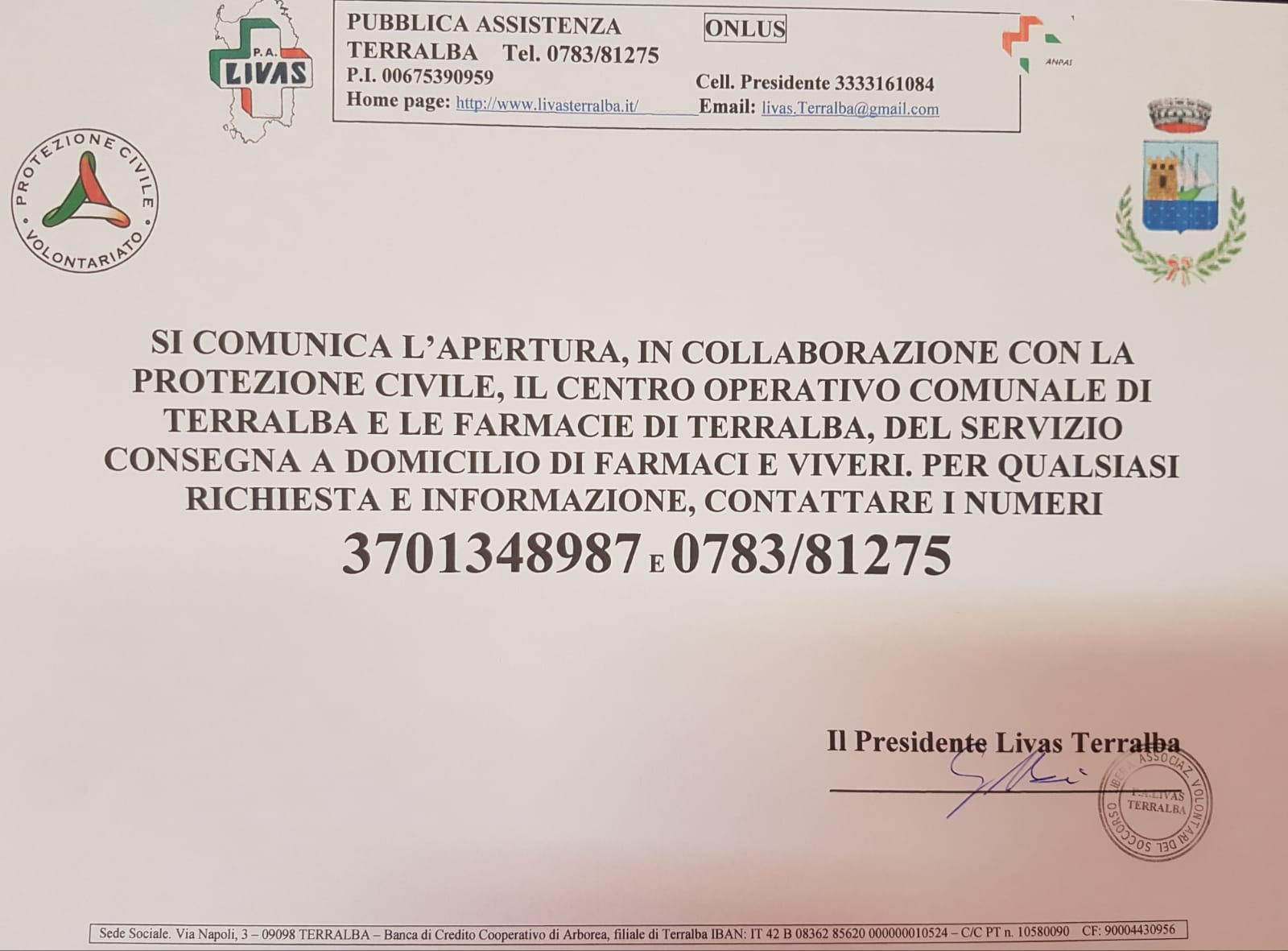 Terralba, Coronavirus: Servizio consegna a domicilio di farmaci e viveri.