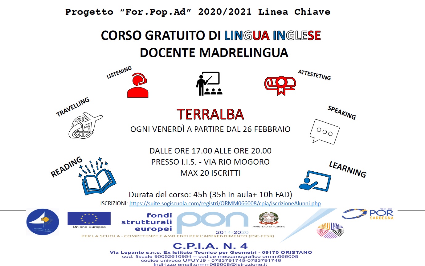 CPIA 4 di Oristano: Corso di lingua inglese con docente madrelingua.