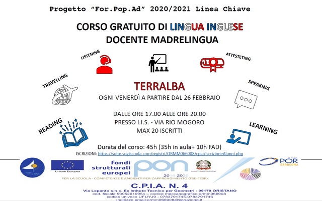 CPIA 4 di Oristano: Corso di lingua inglese con docente madrelingua.